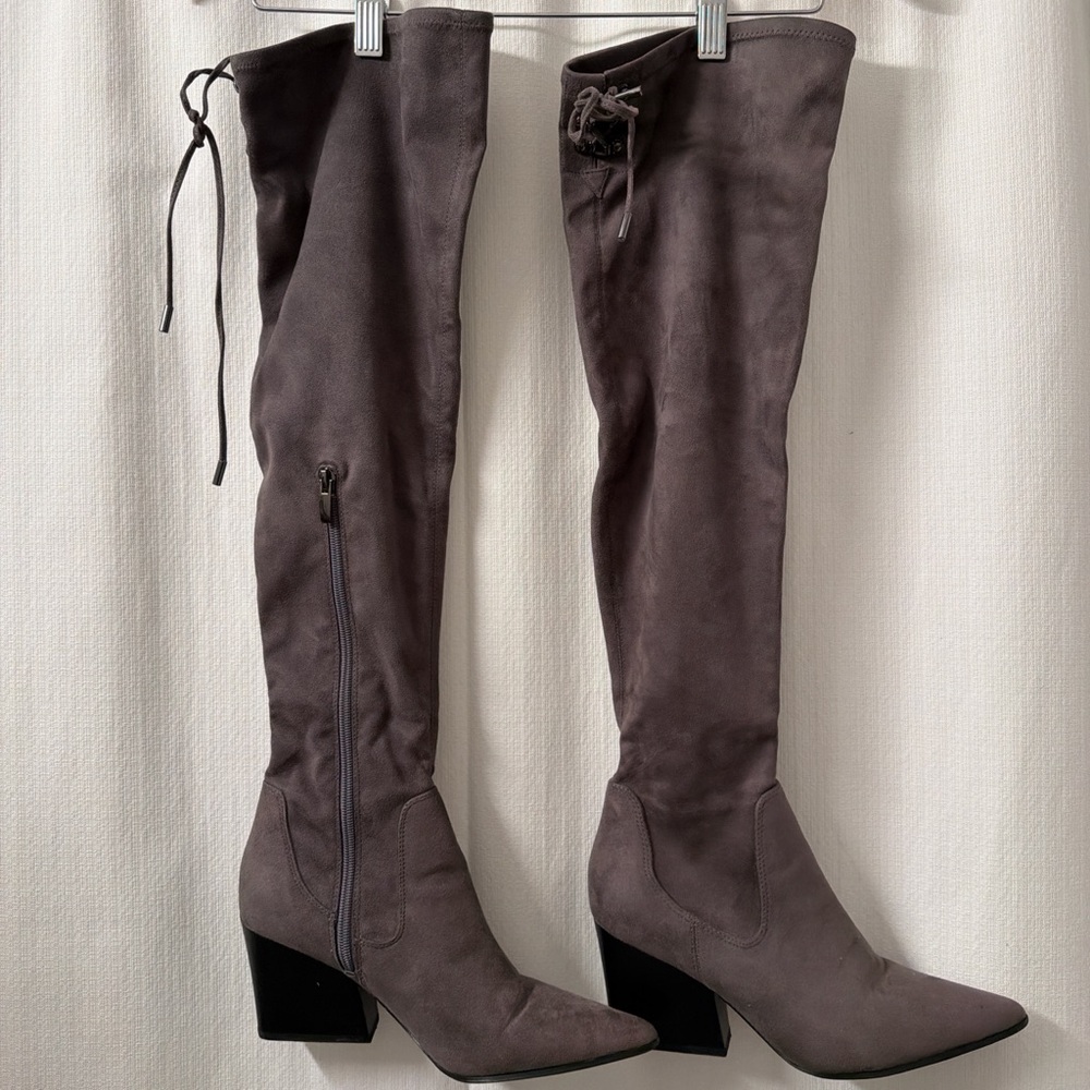 Kendall & Kylie Grey Faux Suede OTK Stretch Block Heel Fashion Boots | Size: 8M